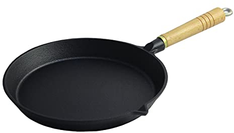 SANTOS Grillpfanne aus Gusseisen Ø25,5cm - Gusseiserne Pfanne mit Holzgriff- Braten, Grillen, Backen - Gusspfanne rund - Herd, Feuer, Gas-& Kohlegrill