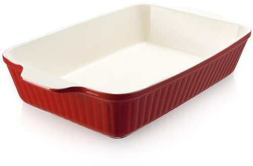 DOWAN 9x13-inch Deep Casserole Baking Dish for Lasagna, 135 oz Ceramic Pan with Handles, Oven Safe for Baking and Home Decor, Red