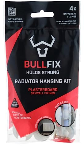 Bullfix Heizkörper-Befestigungsset – robuste Gipskartonbefestigungen für Heizkörper – 4 Bullfix Universal-Befestigungen mit Kragen, 4 Unterlegscheiben und 4 Schrauben 5 x 20 mm,