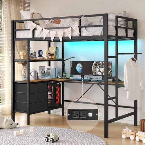 DICTAC Twin Loft Bed with L-Shaped Desk, LED Lights,Charging Station LED Metal Kids Loft Bed Twin Size with 3 Storage Shelves and 3 Fabric Drawers, Safety Guard & Ladder,No Box Spring Needed, Black