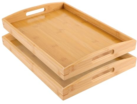 WOPPLXY 2 Stück Serviertablett Groß, 40 x 28 x 5 cm Holztablett Rechteckig mit Griffen, Serviertablett Holz aus Bambus für Frühstück, Couchtisch und Tee