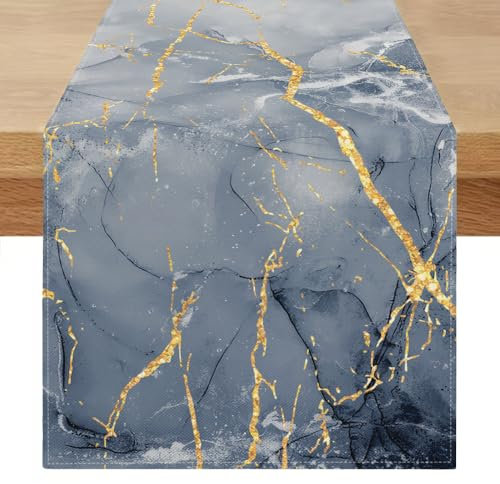 Frühling Tischläufer, Marmor, Blau, Gold, Schwarz, Grau, Farmhouse, Retro-Stil, rechteckig, modern, für Partys, Hochzeit, Geburtstag, Dekoration, 40 x 180 cm