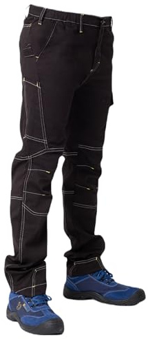 b x work Pantaloni da Lavoro Elasticizzati, Tasche Porta-Metro e Porta-Martello, Pantaloni da Lavoro Uomo Estivi con Tessuto Rinforzato, Nero, L