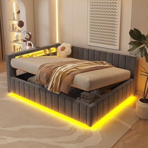 Oxtao Sofá cama tapizado 140 x 200, cama doble con almacenamiento hidráulico, con luz LED y función de carga USB, cama juvenil con somier, tela de terciopelo, sin colchón (gris)