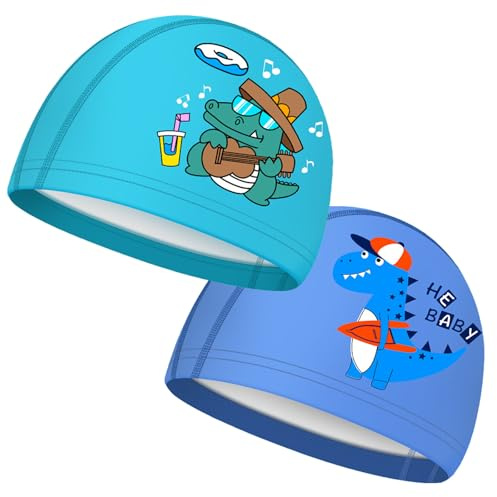 ukfisy Swimming Cap Kids,2 Pcs Comfortable Swim Cap Kids,Stretchy Fabric Swimming Hat Kids Boys Girls Teens for Age 4-10