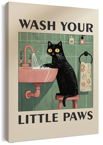 Qiukoo Bathroom Wall Art with Pre-Framed Canvas and Hanging Hooks – Funny Cat Print “Wash Your Little Paws”, Toilet or Bathroom Decor Sign for Cat Lovers, 12 x 16
