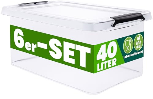 Deuba® 6x Contenitore Trasparente 40L con Coperchio BPA Free Scatole Impilabili Scatola Organizer Cucina Congelatore Contenitori Plastica Box