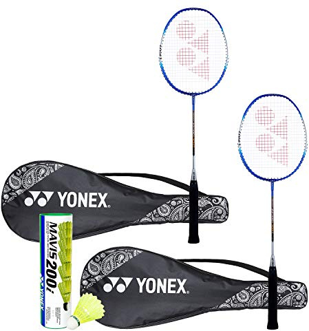 YONEX ZR 100 Light Badminton Combo (set di 2 ZR 100 Racchetta da badminton leggera in alluminio con copertura completa blu + Mavis 200I Shuttlecock Confezione da 6