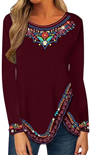 Onsoyours Donna Primavera Autunno Maglie a Maniche Lunghe con Girocollo Elegante Top Sottile Casuale Stampata Etnica retrò Magliette Pullover Bluse A Claretto M