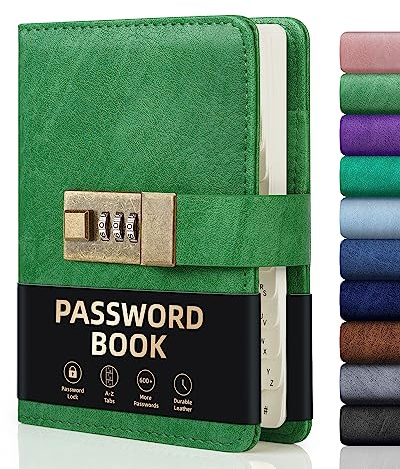 WEMATE Livre de mots de passe verrouillable, livre de mots de passe alphabétique, plus de 600 espaces pour les mots de passe, organisateur de codes