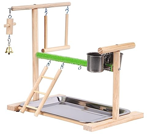 Parrots Playground Bird Perch Wood Playstand Stand with Ladder Swing Feeder Cups Chew Toy for Parakeet Conure Cockatiel Budgie Lovebird Finch Small Birds