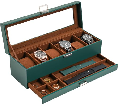 ProCase Uhrenbox mit 6 Fächern,Uhrenkasten mit Glasdeckel, 2 Ebenen, Uhrenkoffer mit herausnehmbaren Uhrenkissen, Uhrenschatulle für Schmuck, Ringe, Armbänder und Halsketten -Grün