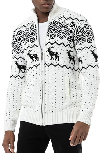 Redbridge Cárdigan de punto noruego para hombre con cremallera, Blanco, S