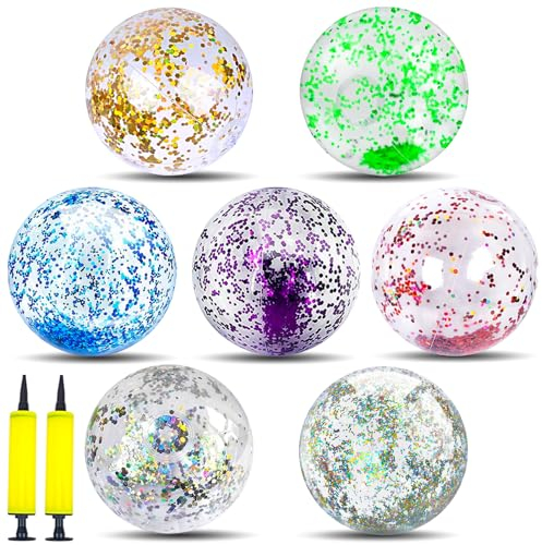 Rierousy 7 Stück Aufblasbare Glitter Wasserbälle 40cm, Wasserball Aufblasbar, Beachball Wasser Strandball Sommer für Erwachsene Sommer Strand Aktivitäten Pool Part
