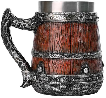 Jarra de cerveza de madera, taza de barril de madera de 550 ml, taza de café con runas, jarra de cerveza retro de acero inoxidable, accesorios para beber cerveza de doble pared para hombres