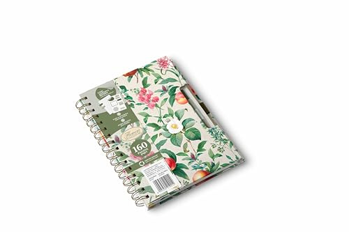 Pigna, A5 Flores de la naturaleza cuaderno encuadernado en espiral con pegatinas,Bolsillo interior y soporte para bolígrafo,Tapa dura, 16x21,3 cm, 1R,rayado,Papel reciclado 80 g/m²,Fondo beige,Pack 1
