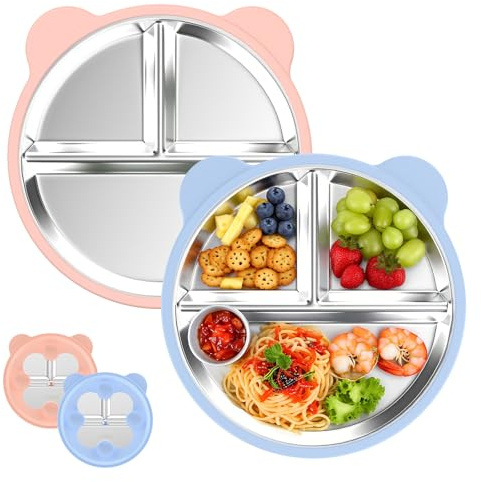 Ayciep Babytallrik med sugkopp, 2 stycken barntallrikar i silikon med 4 sugkoppar, rostfritt stål tallrikar baby, BPA-fri, halkfri, avtagbart silikonfodral, bebistallrikar, barntallrikar, blå + rosa