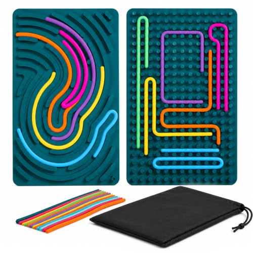 Sensory Activity Board Silicone Fidget Toys for Autism ADHD Calm Stress | Anxiety Relief Focus Double Side Calming Play Travel Plane Activities Skill Board Portable with 20 Strings Silent Fidgets Gre