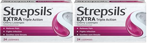 Strepsils Extra Triple Action, Cherry, Sore Throat Lozenges, 24 Total, Sore Throat Relief, Soothes Sore Throat, Effective Relief, Works in 5 Minutes, Extra Pain Relief, Sore Throat, Medication
