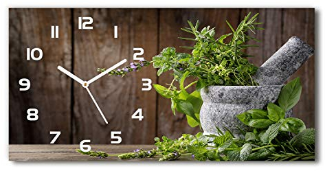 Tulup Wanduhr aus Glas 60x30 cm Glas Uhr Bild Glasuhr Gehärtetes Glas Küchenuhren - weiße Zeiger - Kräuter in einem Mörser