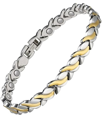 Jeracol Magnetic Bracelets for Women,Titanium Steel Ladies Magnetic Bracelets,Adjustable Wristband include sizing tool in Gift Box(Fish Tail Design-Silver Gold)