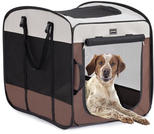 DONORO Dog Kennels and Crates for Medium Dogs, Portable Pop Up Indoor Pet Cage with Sturdy Wire Frame, Collapsible Travel Crate Soft Sided Cat Bag Escape Proof (Brown, 28.0 L x 18.0 W x 22.0 H)
