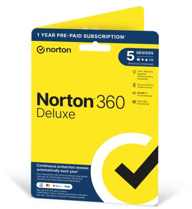 Norton 360 Deluxe 2023, Antivirus software for 5 Devices and 1-year subscription with automatic renewal, Includes Secure VPN and Password Manager, PC/Mac/iOS/Android, Activation Code by Post