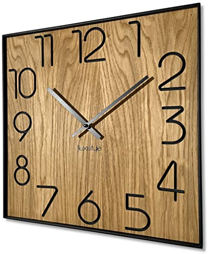 FLEXISTYLE Holzwanduhr Wood Square Holz Eiche 40cm Durchmesser holzoptik ohne tickgeräusche, Oak Schwarz