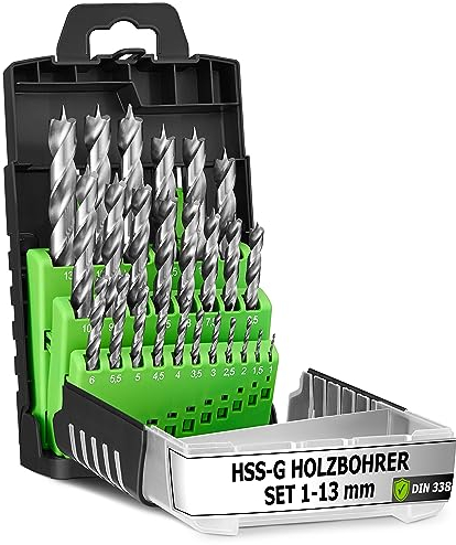 Pinava® Holzbohrer Set 1-13mm [anhaltend Scharf & Präzise] 25tlg. HSS-G Bohrerset - Bohrer Set Holz - Bohrersatz für saubere Bohrlöcher 0,5mm Schritte