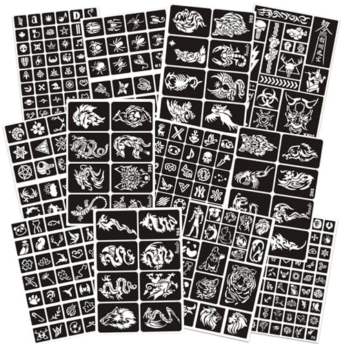 302pcs Temporary Tattoo Stencils, 12 Sheets Henna Tattoo Stencil Kit for Women and Man Face Body Paint Reusable Glitter Tattoo Stencils Pack Party Favor Supplies