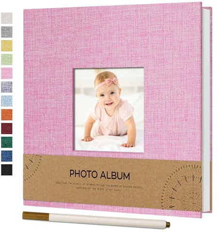 Vienrose Album Fotografico Autoadesivo con Finestra di Visualizzazione 10 x 15, Piccolo Album Scrapbook con Copertina in Lino 40 Pagine Bianche con Penna in Metallo,17x18 cm Rosa