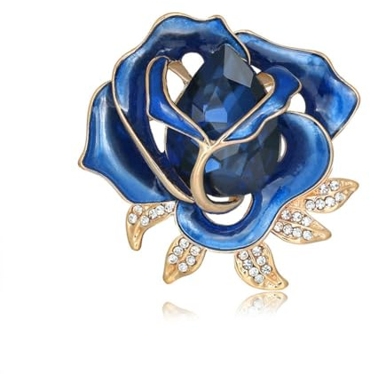 Broche de flores para mujer, broche de rosa azul, pin de tono dorado, con diamantes de imitación de cristal floral, ramillete para abrigo de mujer, banquete de boda, ceremonia, vestidos, accesorios de