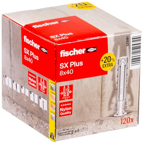 fischer - Cheville Nylon Multi-matériaux SX Plus 8x40 + 20% de Contenu supplémentaire Gratuit/Boîte de 120
