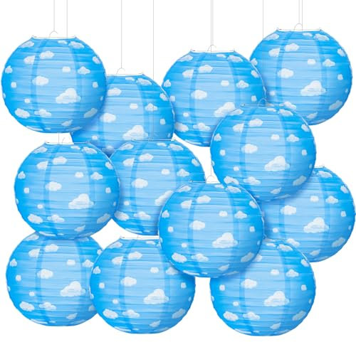 12PCS Blue Sky White Clouds Paper Lanterns, 10 inch Blue Party Decorations Hanging Round Paper Lanterns Clouds Theme Party Decorations for Birthday Home Decor
