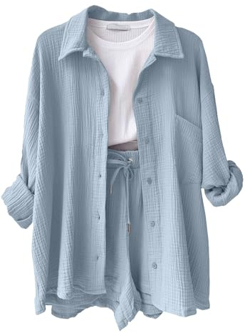 CheChury Completo Donna Elegante 2 Pezzi in Lino Estivo Camicia a Maniche Lunghe e Pantaloncini Set Tuta Casual Completi Sportivo Camicie con Bottoni Pantaloncini con Coulisse Spiaggia Lavoro Vacanza