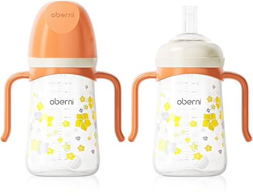 Oberni Toddler Sippy Cup, Weighted Straw Baby Drinking Water Bottle with Valved Spout for 6+ Months, 300ml/Orange/2Pack