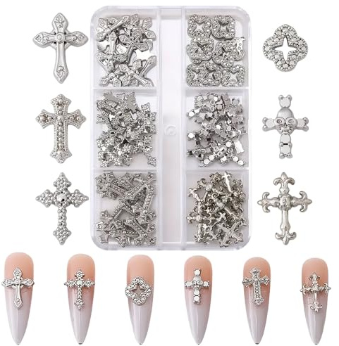 60 Pezzi di Charms a Croce per Nail Art, 3D in Metallo con Cristalli a Croce per Decorazioni per Unghie, Rivetti in Lega e Strass per Donne e Ragazze, Accessori per Gioielleria Fai da Te (B-Argento)