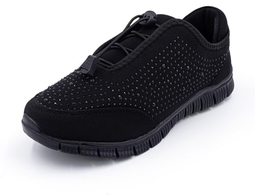 Cushion Walk Women's EEE Extra-Wide Fit Slip-On Bungee Memory Foam Trainers Gym Shoes (UK 6, Black)