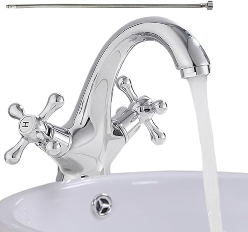 Grifo de baño, grifo de cocina con asas dobles de estilo antiguo | Mezclador de doble asa con tubo de 60 cm para agua fría y caliente, repuesto para lavadero, lavabo y tocador