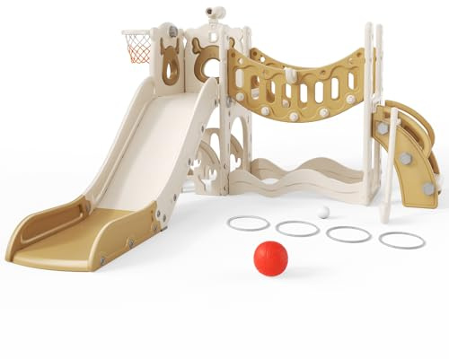 8 in 1 Upgraded Toddler Slide Set, Kids Baby Slide with climbing bridge, golf set, Basketball Hoop ECT, Easy assembly, Infant and Toddler Garden Slide, indoor/outdoor(8-in-1-elk-khaki)