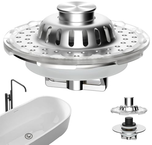 Universal Bathtub Drain Stopper Shower Drain Hair Catcher with Visible Top Strainer, Upgraded 3 in 1 Pop-up Tub Stopper Drain Plug Fit for 1.5 to 2.4 Hole, Stainless Steel Filter Basket