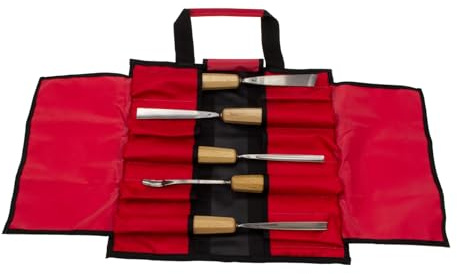 STUBAI Schnitzersatz | 5-teiliges Schnitzwerkzeug-Set in Rolltasche | Enthält Balleisen 20 mm, Flacheisen 16 mm, Hohleisen 10 mm & 6 mm, Gaißfuß 6 mm | Für Anfänger & Fortgeschrittene
