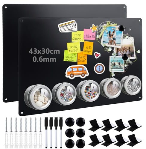 2 Pack Magnetic Board for Wall, 43 x 30cm Metal Magnet Board for Fridge, A3 Bulletin Board Notice Memo Board for Kitchen Home Office - Black