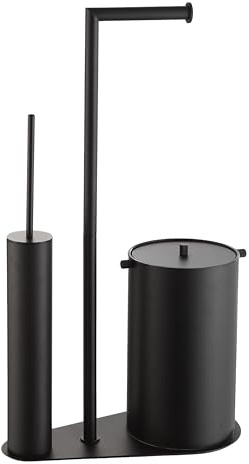 DAZI Porte-papier toilette autoportant avec brosse et poubelle, en acier inoxydable, noir mat, 2 têtes de brosse, en silicone et polypropylène, pour la maison, l'appartement et les toilettes d'invités