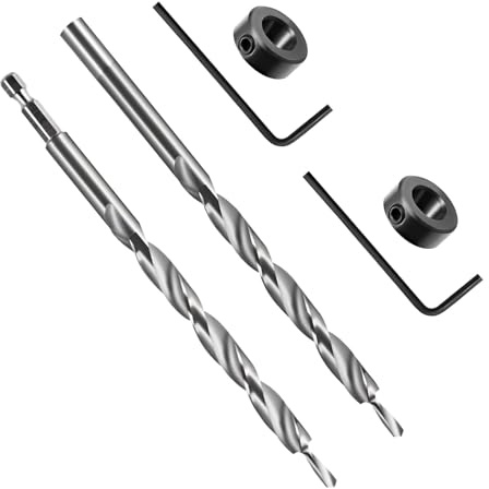 Pocket Hole Drill Bit Set 9.5mm (3/8”) –2 Pcs HSS Twist Step Drill Bit 1/4” Hex Shank and Round Shank with Depth Stop Collar–for Wood Hole Cutter Drilling DIY Plastic