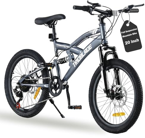 TRIOBLADE 20/24/26/27.5 Inch Full Suspension Mountain Bike for Adults Teens & Youth, Dual Shock MTB Dirt Bicycle, 7/21-Speed Gears, Mechanical Disc Brakes, High-Carbon Steel Frame (Grey, 20inch)