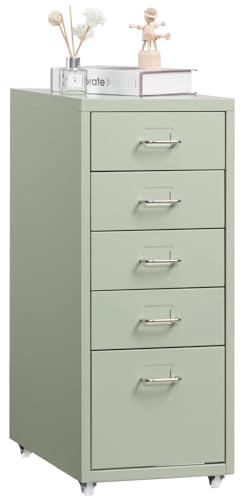 HollyHOME 5-Drawer Mobile File Cabinet Office Filing Cabinets Under Desk | Rolling Filing Organizer Metal Storage Cabinet with Casters for Home and Office,Sage Green