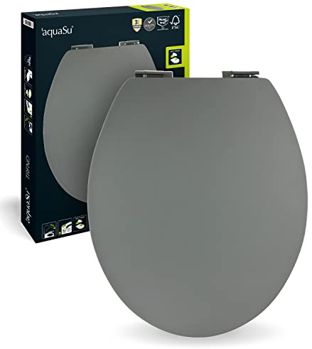 aquaSu® WC-Sitz mit Absenkautomatik in grau | Stabiler Holzkern Toilettendeckel | Soft-Touch Toilettensitz | Metallscharnier | Universale O-Form | Ovaler WC-Deckel | Fast-Fix | Grau | 40396 2