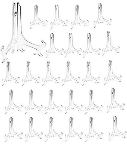 Tincogo 3 Clear Plastic Easels or Stand/Plate Holders to Display Pictures or Other Items at Weddings, Home Decoration, Birthdays, Tables (24 Pack)