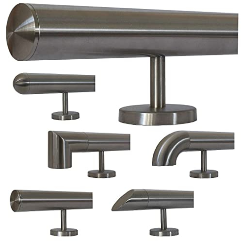 TIBU Edelstahl Handlauf 30-600cm Wandhandlauf 33,7 mm Treppengeländer mit geraden Edelstahlhalter - Länge 30 cm und Ende leicht gewölbte Kappe
